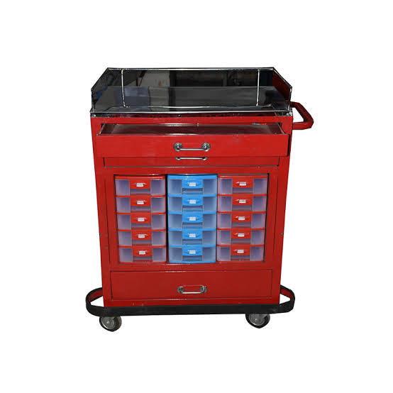 Heavy-Duty Medicine Trolley โ 3 Drawer Medical Cart with 30 Transparent Vial Boxes & Steel Top